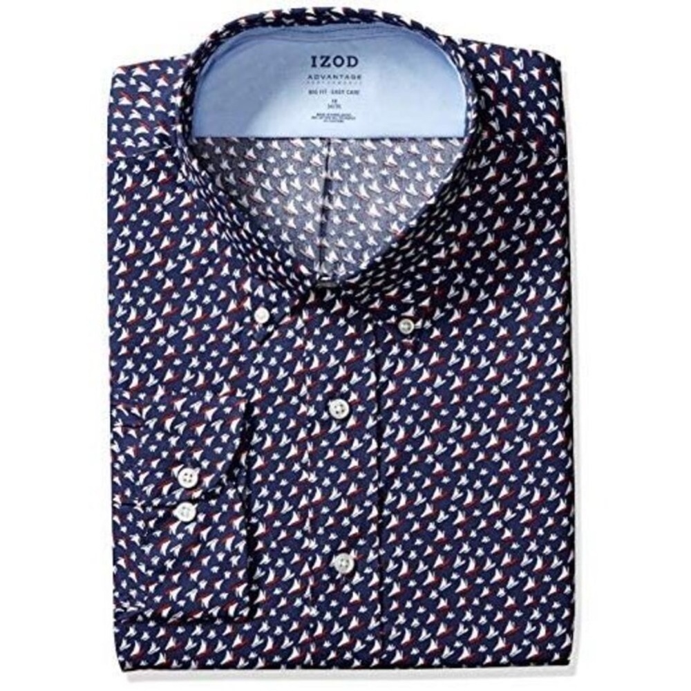 IZOD Men’s Big Fit Easy Care Dress Shirt Stretch Sailboat Print Size 19 34/35